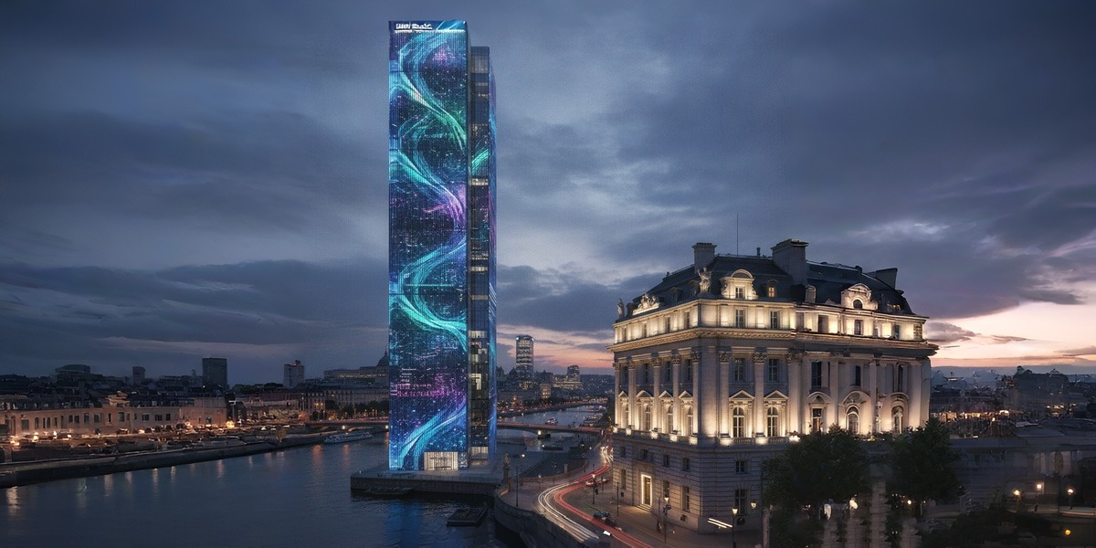 JunoMoneta Tower media facade at night